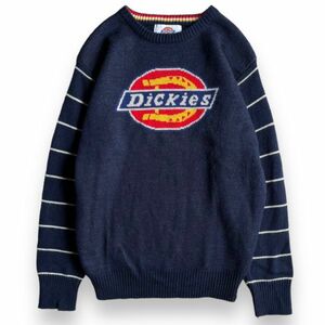 Dickies ディッキーズ 切替 ボーダー プリント ロゴ アクリル ウール ニット セーター クルーネック トップス 古着 S ネイビー 紺