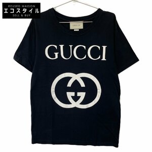 GUCCI グッチ 493117 ブラック インターロッキングGロゴプリントTシャツ ブラック XS トップス コットン メンズ 中古