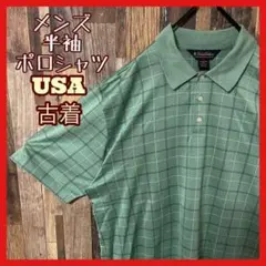 グリーン チェック メンズ L ボタン USA古着 90s 半袖 ポロシャツ