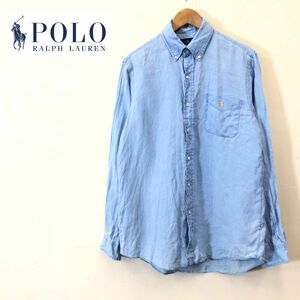 R2583-F◆ RALPH LAUREN ラルフローレン 長袖ボタンダウンシャツ BD リネン トップス ◆ sizeM 麻100 ブルー 古着 メンズ 春夏