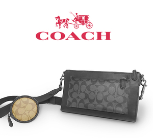 【送料無料 美品】 コーチ COACH 斜めがけショルダーバッグ 鞄 コインポーチ付 シグネチャー レザー ブラック 黒 グレー メンズ レディース