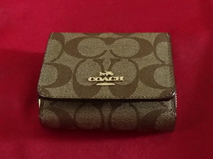 ▲新品に近い美品　コーチ Coach IMDQC シグネチャー　三つ折り 財布　ミニウォレット ジッパー小銭入れ　カードポケット ブラウン レザー