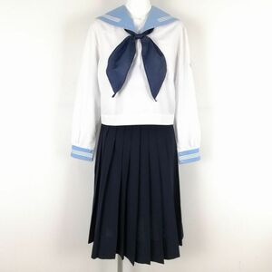 1円 セーラー服 スカート スカーフ 上下3点セット 155A 中間服 白3本線 女子 学生服 高知学園中学高校 白 制服 中古 ランクC NA8910