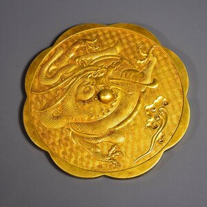 ◆古寳堂◆清 銅製 塗金 龍紋鏡 置物 賞物 極細工 古置物 古擺件 中国古美術 時代物 古董品