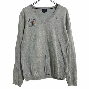 TOMMY HILFIGER コットン ニット セーター L グレー トミーヒルフィガー Vネック 古着卸 アメリカ仕入 a608-6337