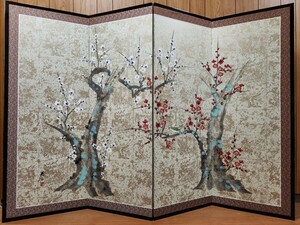 【美品】高級・豪華金金具/漆黒縁屏風/衝立 /紅白梅 /鶯 衝立 ついたて パーティション 作家 骨董品 和室 間仕切り 日本画 インテリア