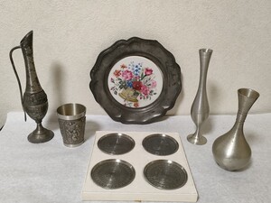 まとめ売り 錫製品 錫器 PEWTER ピューター タンブラー コップ コースター 一輪挿し 陶器製絵皿 飾り皿 金属工芸 レトロ 海外土産