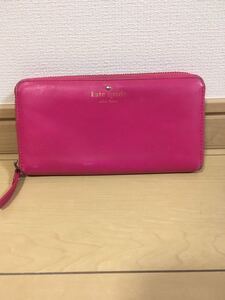 本物kate spade new york ケイト スペード ニューヨーク ラウンドファスナー ロゴ 長財布 ピンク系