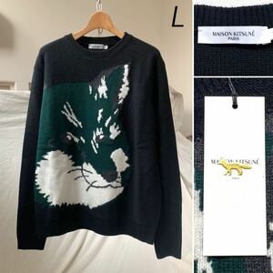 新品 メゾンキツネ MAISON KITSUNE ビッグ フォックス ヘッド FOX HEAD クルーネック セーター L メンズ 黒 プルオーバー ニット 送料無料