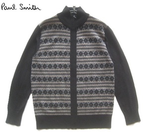 極上!!ポールスミス Paul Smith*ノルディックボーダー柄 立ち襟ウールニットZIPセーター・ドライバーズニット M 黒×茶×グレー×白