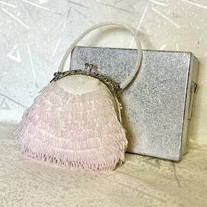 外観美品【総ビーズ】ビーズバッグ がま口バック 昭和レトロ ビーズ刺繍 白 ピンク★お茶会、結婚式やパーティーなどにも