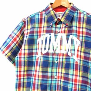 美品◆TOMMY HILFIGER トミーヒルフィガー ボタンダウン 半袖 チェック リネン混 シャツ ロゴプリント 麻 夏物 メンズ 1円スタート