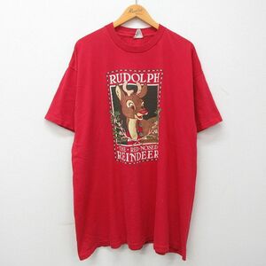 XL/古着 半袖 ビンテージ Tシャツ メンズ 90s ルドルフ 赤鼻のトナカイ レッド 大きいサイズ ロング丈 コットン クルーネック 赤 spe 2