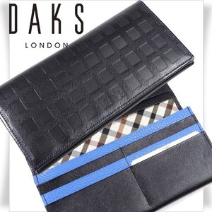 新品1円～★DAKS LONDON ダックス ロンドン 日本製 牛革レザー 二つ折り 長財布 ロングウォレット 黒 かぶせ 本革 ブラック 本物 ◆4331◆