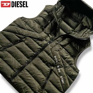 極美品/Lサイズ相当●DIESEL ディーゼル ダウンベスト ジップジャケット フード パーカー 重ね着 レイヤード 高機能中綿3M 腹部ロゴ カーキ