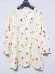 JUNKO SHIMADA ジュンコシマダ 花柄 七分袖 ヘンリーネック ロング Tシャツ レディース L イエロー系 irmri yg6543