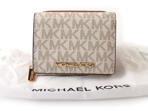 E18714 新品未使用 MICHAEL KORS マイケルコース コンパクト ウォレット 三つ折り財布 シグネチャー ホワイト×ブラウン