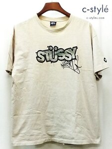 U533a [人気] STUSSY ステューシー 90s 中期 Tシャツ 半袖 XL アイボリー系 紺タグ SLICKデザイン COTTON100％ | トップス U