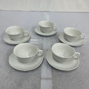 T716-O48-1129 Meissen マイセン 波の戯れ ホワイト カップ&ソーサー 5客セット 洋食器 まとめ ⑦