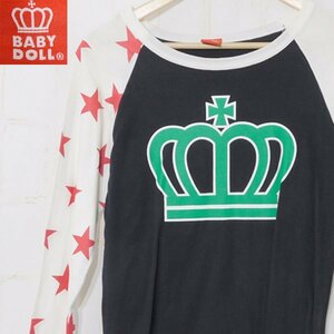 ベビードールBABY DOLL■切替デザイン プリントデカロゴ 長袖 カットソー Tシャツ■S■ブラック×ホワイト※RY2d09004