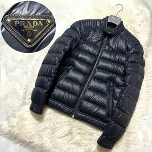 本物 美品 プラダ 袖 レザートライアングルタグ ZIP UP バイカー ダウン ジャケット 濃紺 48 PRADA