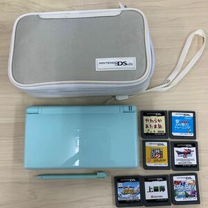 6-9-64■ Nintendo ニンテンドー DS Lite ライト 本体 USG-001 アイスブルー 任天堂 通電のみ確認　ソフト7個付 タッチペン有 ケース入