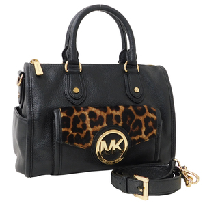 1円 ■ 美品 マイケルコース 2WAYバッグ ペブルドレザー×ハラコ ブラック系 ヒョウ柄 MICHAEL KORS ■E.Bmg.An-10