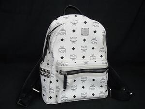 1円 ■美品■ MCM エムシーエム モノグラム ヴィセトス柄 レザー リュックサック デイパック バックパック ホワイト系×ブラック系 FF6338