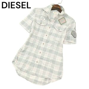 DIESEL ディーゼル 春夏 SLIM FIT ロゴ ワッペン★ インド綿 半袖 スリム ワーク チェック シャツ Sz.XS　メンズ グレー　A4T03601_4#A