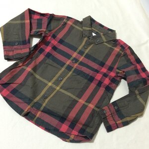 BB06　BURBERRY　バーバリー　チェック柄　長袖　シャツ　カーキ　レッド　4Y　104ｃｍ　キッズ　【メ便】