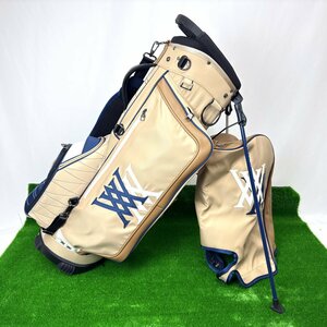 1円/中古美品★ANEW GOLF アニューゴルフ DOUBLE LOGO ダブルロゴ スタンド キャディバッグ 8.5型 ベージュ★