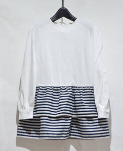 BORDERS at BALCONY ボーダーズアットバルコニー BORDER TIERED TOP ボーダーフリル 長袖 トップス ホワイト 36 Y-308881