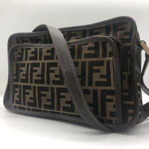 1円　フェンディ FENDI ショルダーバッグ カメラバッグ ズッカ柄 ジャガード ダブルファスナー　キャンバス　レザー　ヴィンテージ　希少