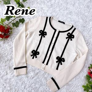 送料無料　美品　Rene ルネ リボン　パールボタン　ウール　ニット　カーディガン 36