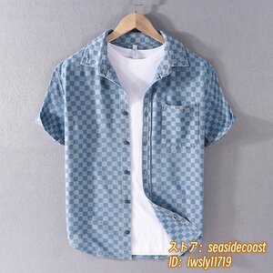 新入荷◆メンズシャツ 半袖シャツ デニムシャツ チェック柄 正規品 ヴィンテージ 超希少 極美品 カジュアル 柔らか 心地良し ブルー M