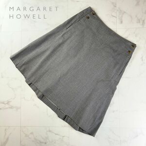 美品 MARGARET HOWELL マーガレットハウエル ウール100% バックプリーツスカート 膝丈 裏地あり グレージュ サイズ2*QC1250