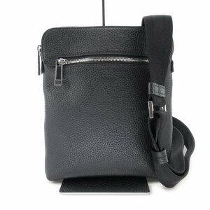 送料無料 超美品 ヒューゴボス HUGO BOSS ショルダーバッグ エンベローブバッグ フロントジップ レザー 黒 メンズ