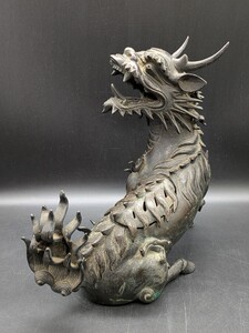 【萬】初出し　時代物　古銅　麒麟香炉　重量約2.0kg　高さ約22cm　銅製　香炉　江戸時代後期　合箱