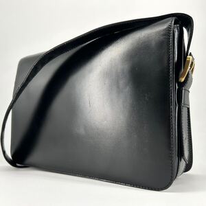 【美品】LOEWE ロエベ ショルダーバッグ メッセンジャー メンズ レディース ビジネス 肩掛け アナグラム ロゴ レザー ブラック 黒 ゴールド