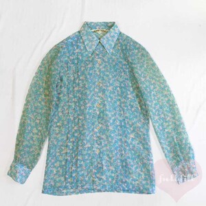 古着 ブラウス 昭和レトロ 花柄 長袖 シャツ ターコイズブルー ビンテージ ヴィンテージ vintage 70s 80s レディース古着 カラフル used