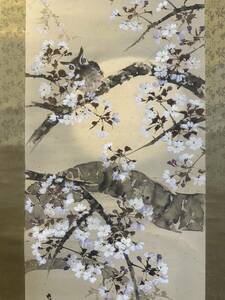 【真作】冨山「花鳥図」 古い掛け軸(掛軸) 肉筆 絹本 日本画 絵画 山水図 古美術 美術品 画芯サイズ約112*42cm 箱あり