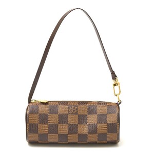 LOUIS VUITTON ルイヴィトン パピヨン（ポーチのみ） アクセ コスメケース ダミエ・エベヌ×レザー ブラウン×ゴールド金具 レディース