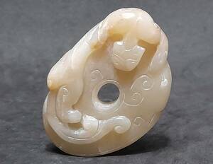 中國 時代物 白玉 浮彫龍紋心佩
