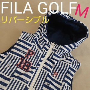 【超美品】FILAGOLF　フィラゴルフ　 フード付ベスト ベスト ワッペン フルジップ　ゴルフ　ロゴ刺繍　レディースM　中綿