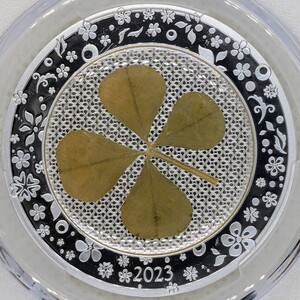 幸運を呼び込む〜最高鑑定〜 2023年 パラオ 四つ葉のクローバー 5ドル 銀貨 PCGS PR70DCAM First Day of Issue 初日鑑定 モダン コイン NGC