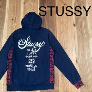 STUSSY ステューシー ワールドツアー パーカー スウェット トレーナー プルオーバー プリントロゴ 00s ネイビー サイズM 玉mc2113