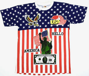 NOS 1980-90s HELLO AMERICA S/S/ Tee XL ヴィンテージ半袖Tシャツ USA オールオーバープリント ロゴ 星条旗 ストライプ