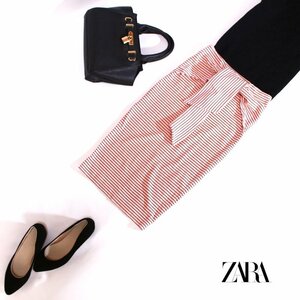 美品 ザラ トラファルク ZARA Trafaluc ■ 春 夏 ミモレ丈 リボン 一体 ボーダー柄 タイトスカート XS ピンク ブラック 黒 ストレッチ