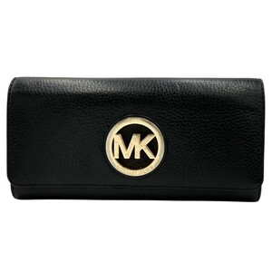 仙15 MICHAEL KORS 二つ折り 長財布 レザー ブラック ゴールド金具 MK ロゴ マイケルコース ロングウォレット 黒 レディース