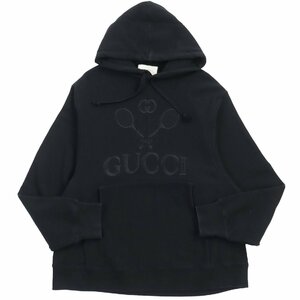 【ドンドン見直し】良品●GUCCI グッチ 560502 TENNISロゴ刺繍入り プルオーバー スウェットパーカー ブラック M 伊製 正規品 メンズ